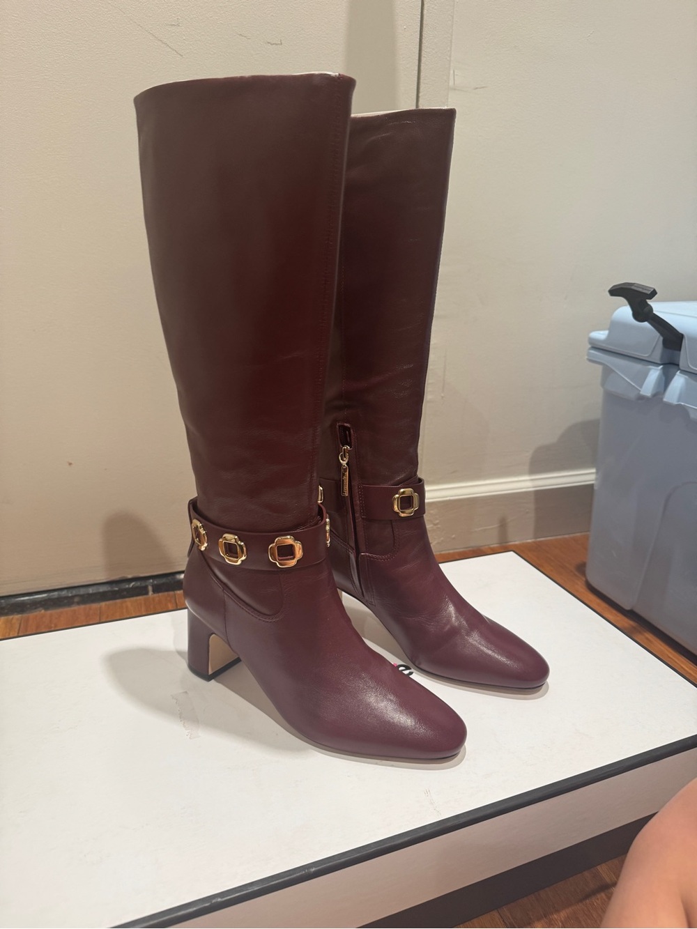 Larroude Burgundy Tall Leather Boots with Gold Buckle Detail